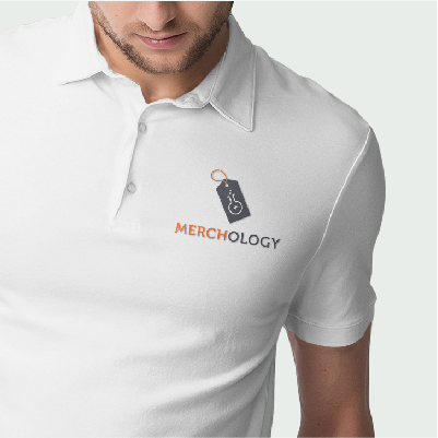 Merchology - man wearing white polo shirt with Merchology logo and design
